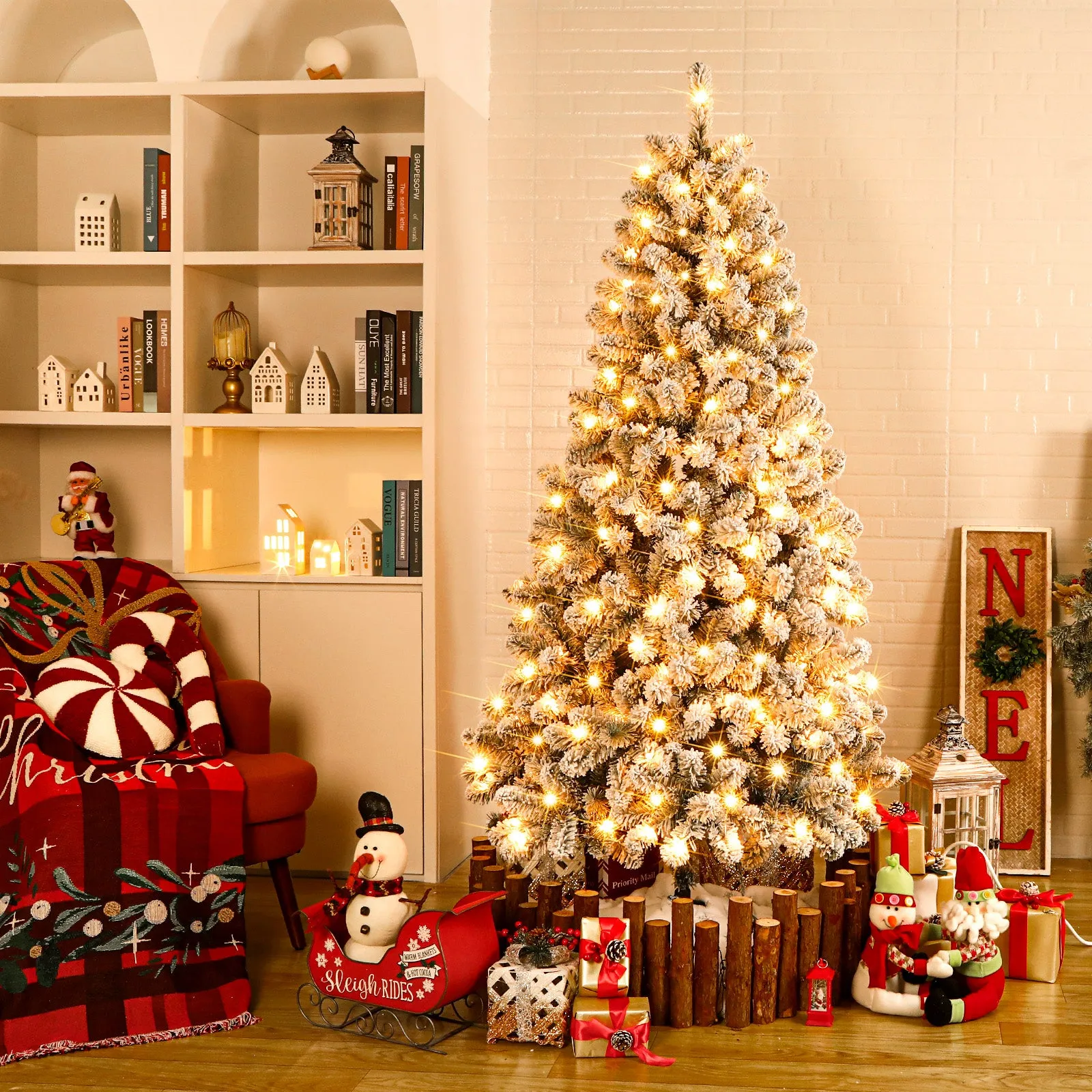 6ft Prelit 250 Warm White Lights Snow Flocked Artificial Holiday Christmas Tree