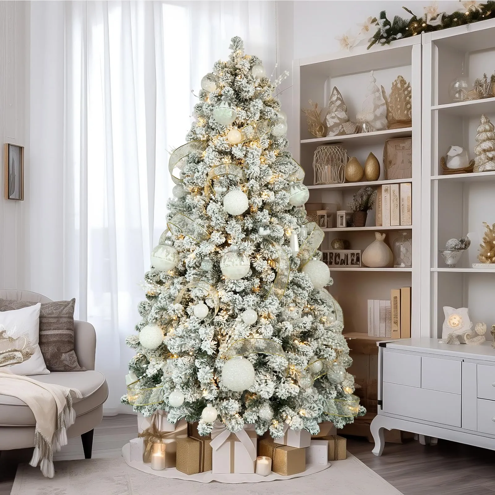 6ft Prelit 250 Warm White Lights Snow Flocked Artificial Holiday Christmas Tree