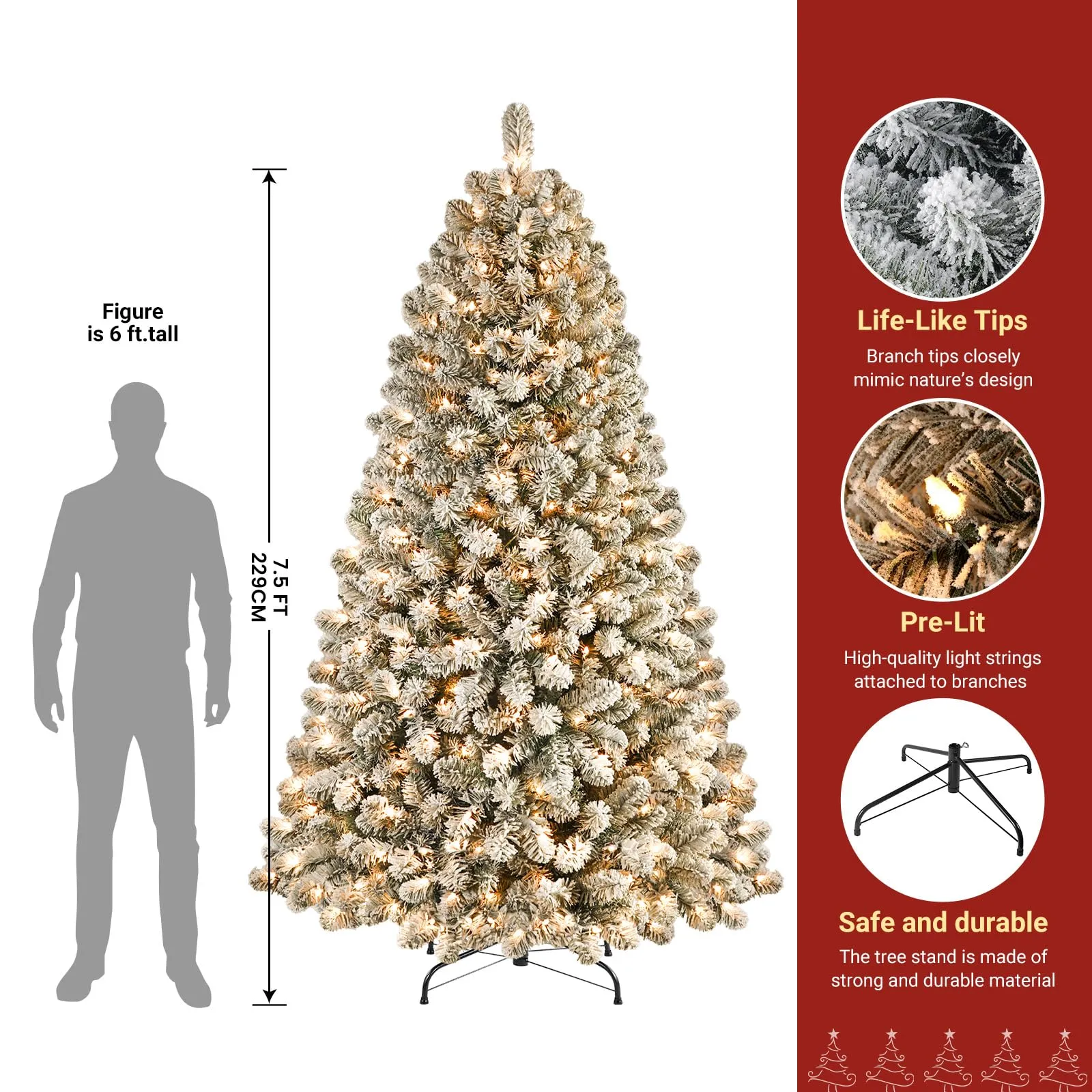 7.5ft Pre-lit 350 Warm White Lights Snow Flocked Artificial Hinged Christmas Xmas Trees-White