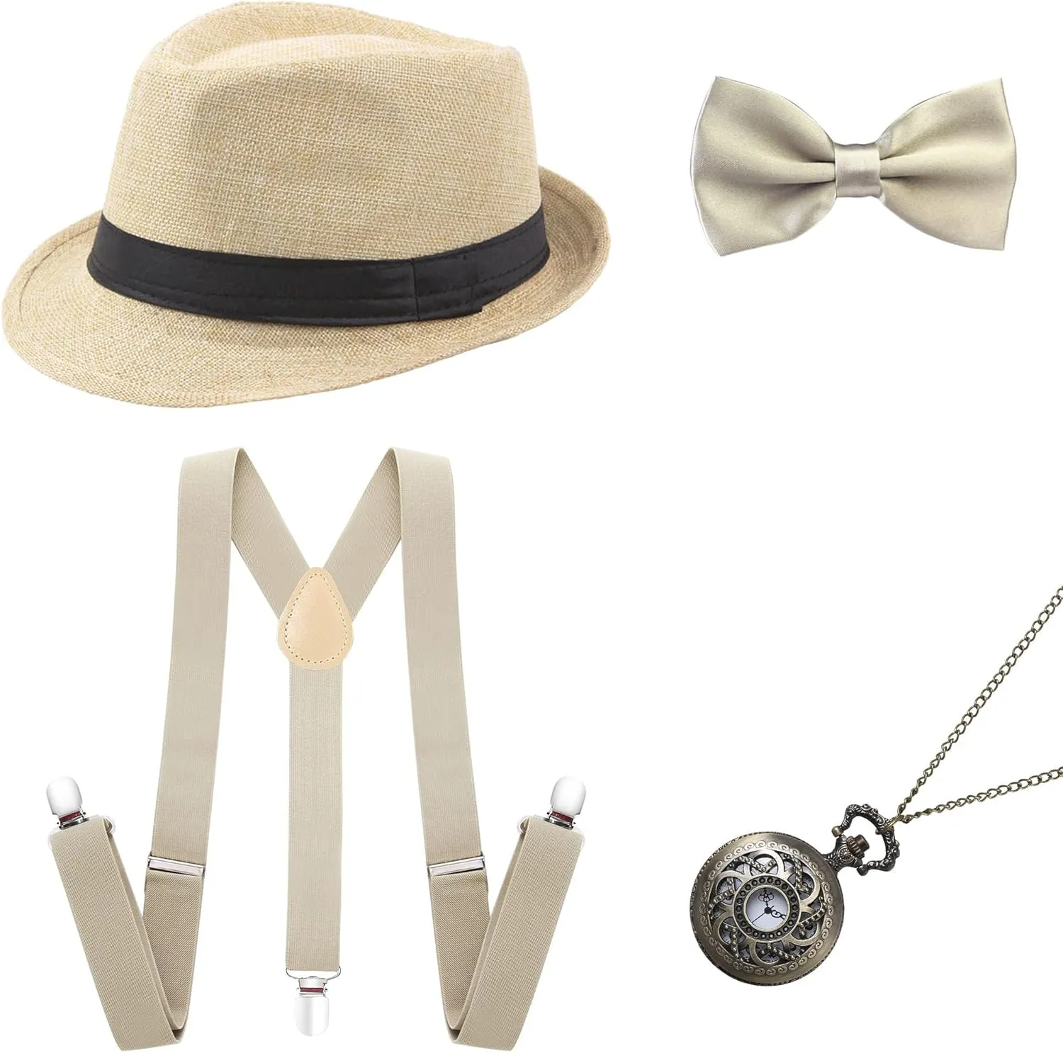 BABEYOND 1920s Mens Gatsby Gangster Accessories Set Panama Hat Suspender Bow Tie