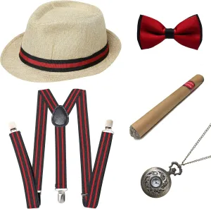BABEYOND 1920s Mens Gatsby Gangster Accessories Set Panama Hat Suspender Bow Tie