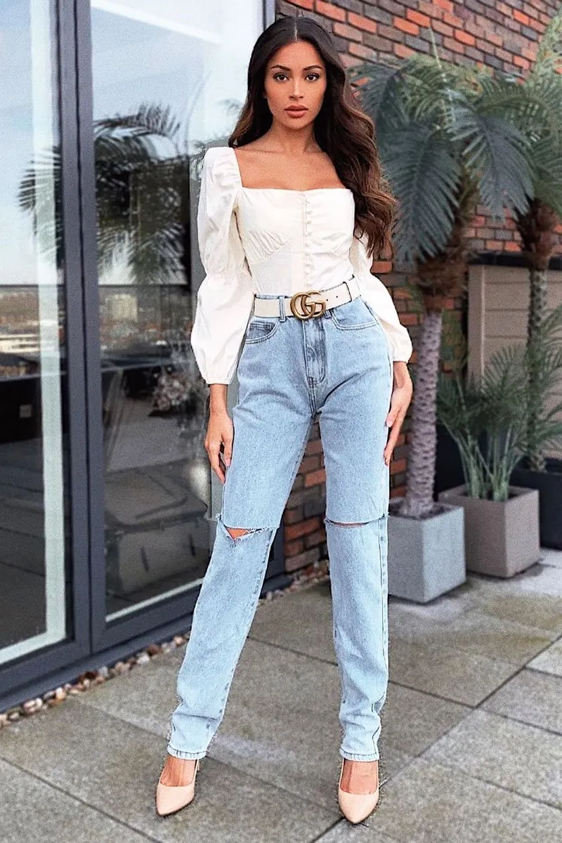 Cream Button Up Milkmaid Crop Top - Miyah