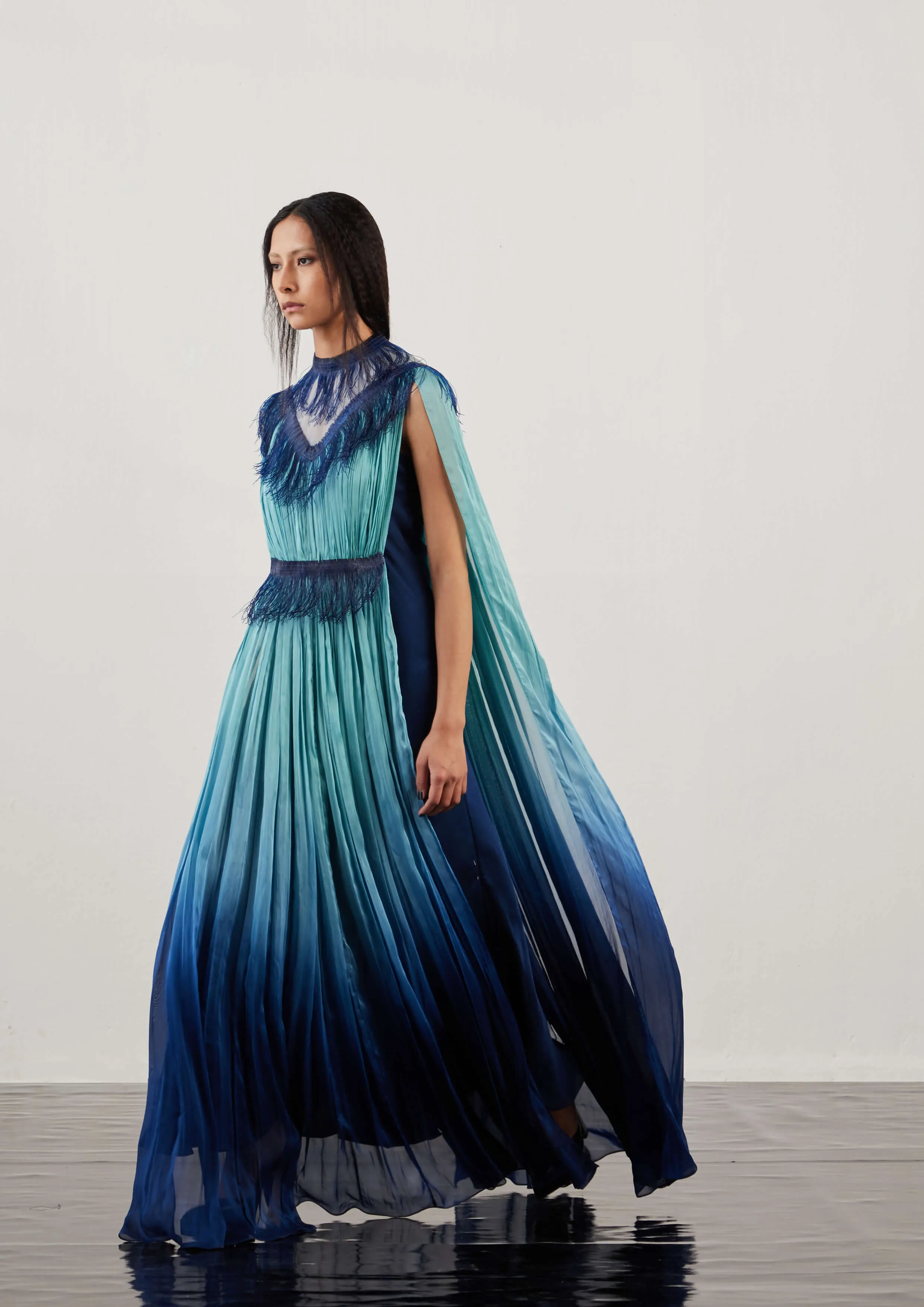 Fringed Caped Chiffon Kaftan Maxi Dress