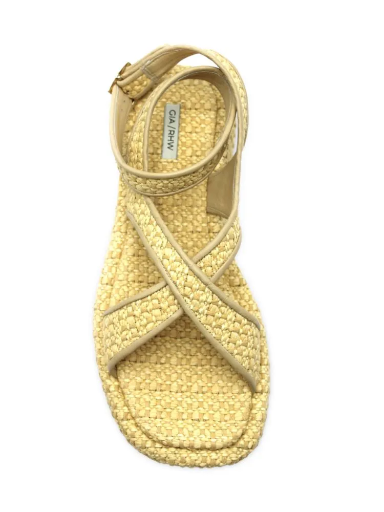 Gia Borghini Woven Raffia Flat Ankle Sandals, Yellow