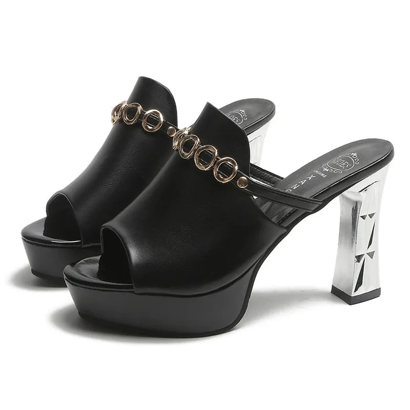 Ladies Leather Sole Slippers Women   High Heel Mules Clogs Black Peep Toe Platform Mules Emal Slip on Sandals Shoes