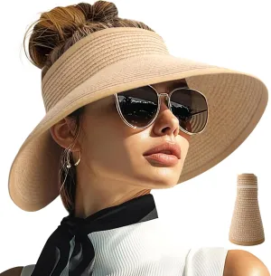 PFFY Sun Hats for Women Straw Beach Hat Packable Foldable Wide Brim Ponytail Travel Visor