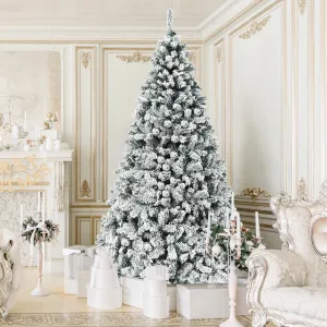 versatile Warm White Prelit LED Green Pine Snow Flocked Hinged Pine Christmas Tree, with Metal Stand 9'