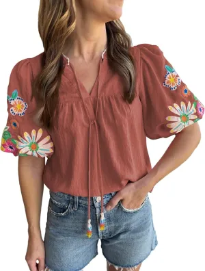 Women's Casual Floral Embroidered V Neck Boho Puff Short Sleeve Shirts Loose Tunic Summer Blouses Tops Fashion Clothes 2025