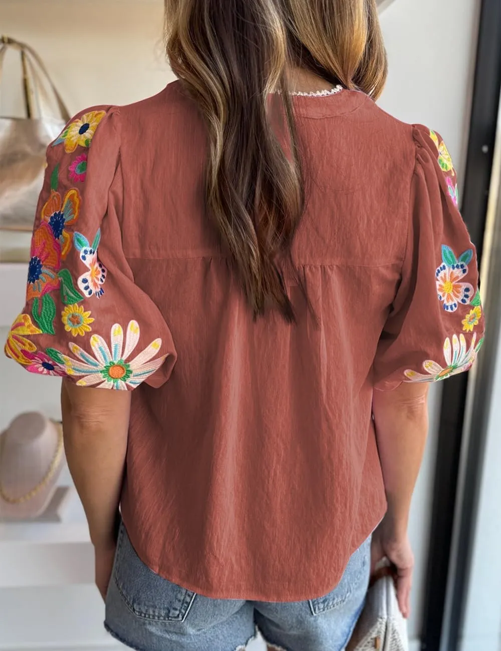 Women's Casual Floral Embroidered V Neck Boho Puff Short Sleeve Shirts Loose Tunic Summer Blouses Tops Fashion Clothes 2025