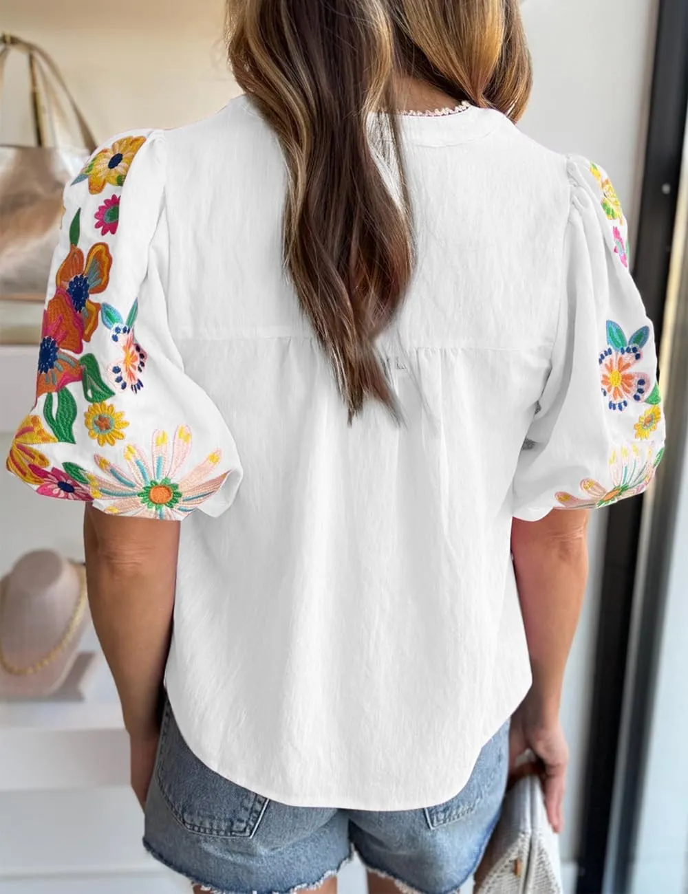 Women's Casual Floral Embroidered V Neck Boho Puff Short Sleeve Shirts Loose Tunic Summer Blouses Tops Fashion Clothes 2025