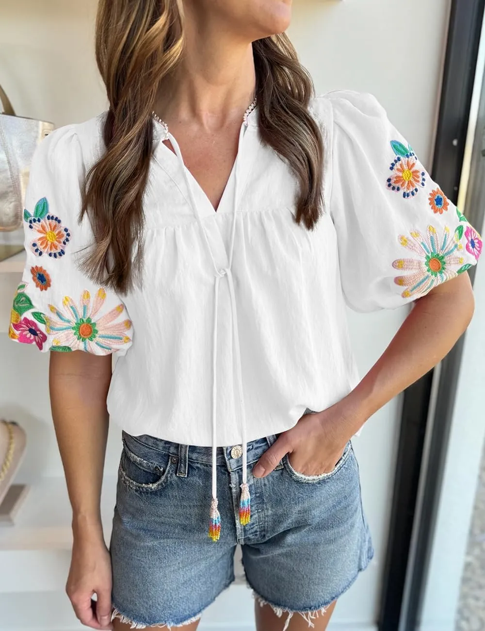 Women's Casual Floral Embroidered V Neck Boho Puff Short Sleeve Shirts Loose Tunic Summer Blouses Tops Fashion Clothes 2025
